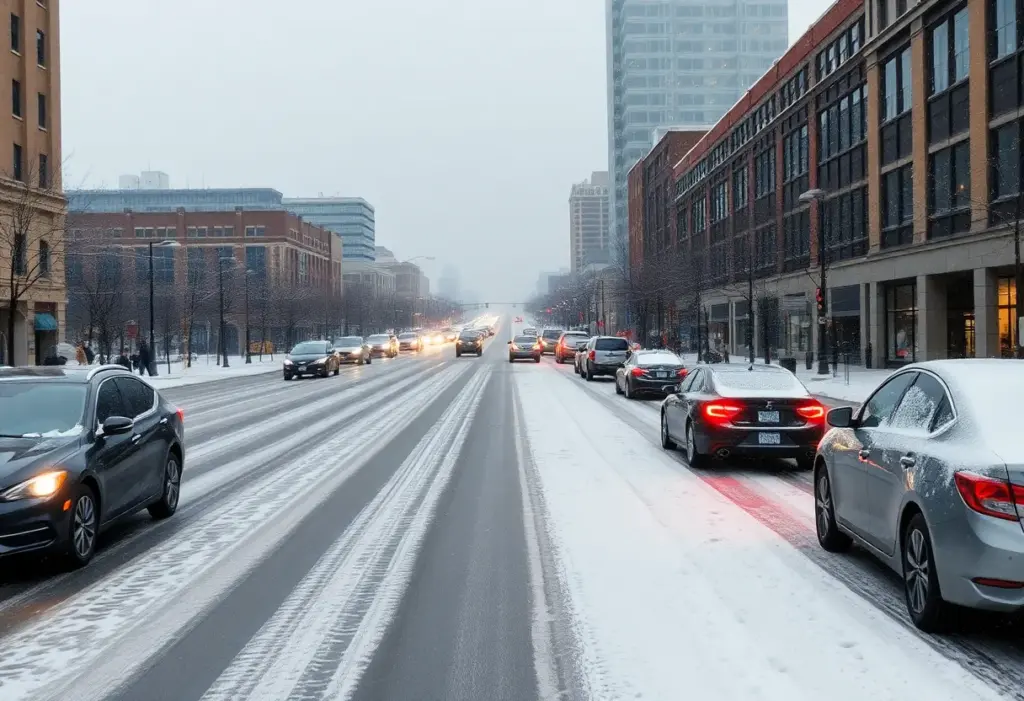 Light snowfall covering a street in Indianapolis with snowflakes falling from the sky