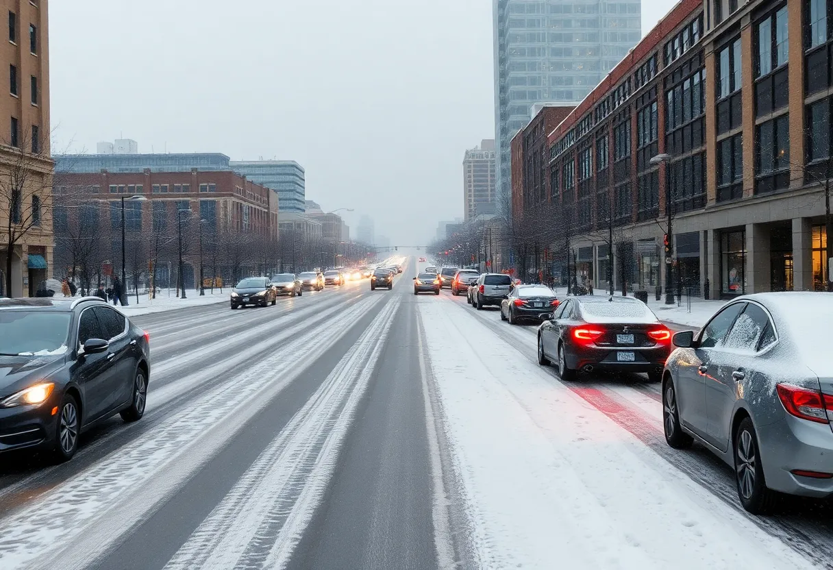 Light snowfall covering a street in Indianapolis with snowflakes falling from the sky