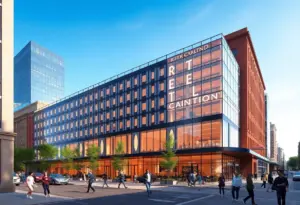 Mixed-use development rendering in downtown Indianapolis featuring Ritz-Carlton Hotel and music venue
