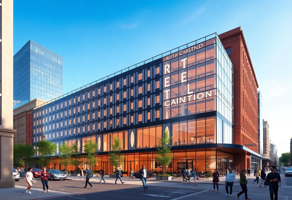 Mixed-use development rendering in downtown Indianapolis featuring Ritz-Carlton Hotel and music venue