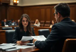 A courtroom depicting a woman with her attorney in a tense legal atmosphere.