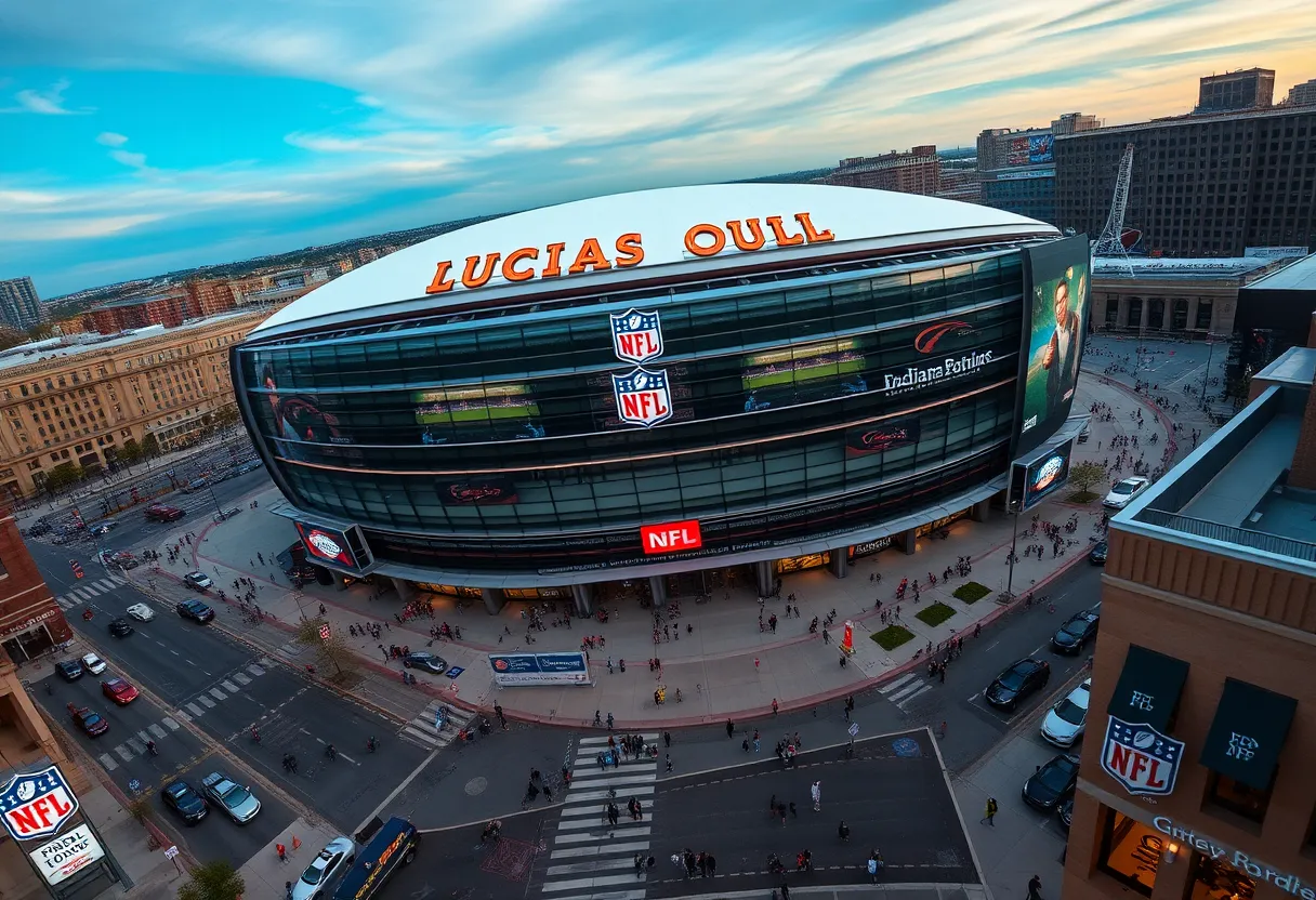 Aerial view of Lucas Oil Stadium filled with fans in Indianapolis.