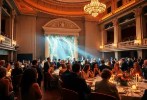 Guests at the Indianapolis Opera fundraising event enjoying live music and fine dining.