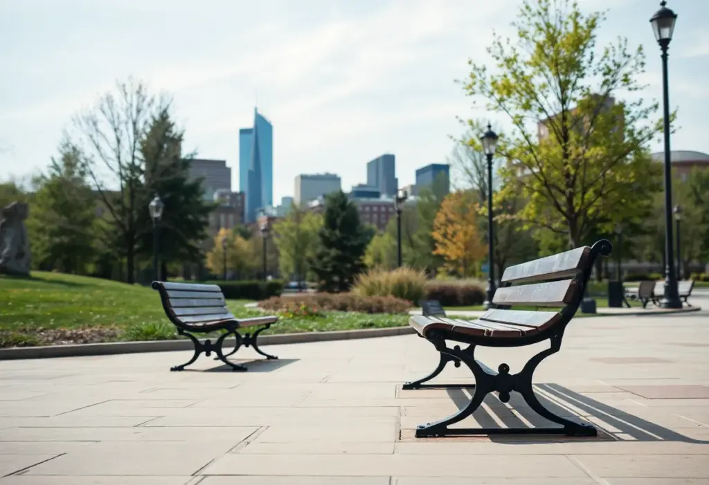 Empty benches in a public park in Indianapolis