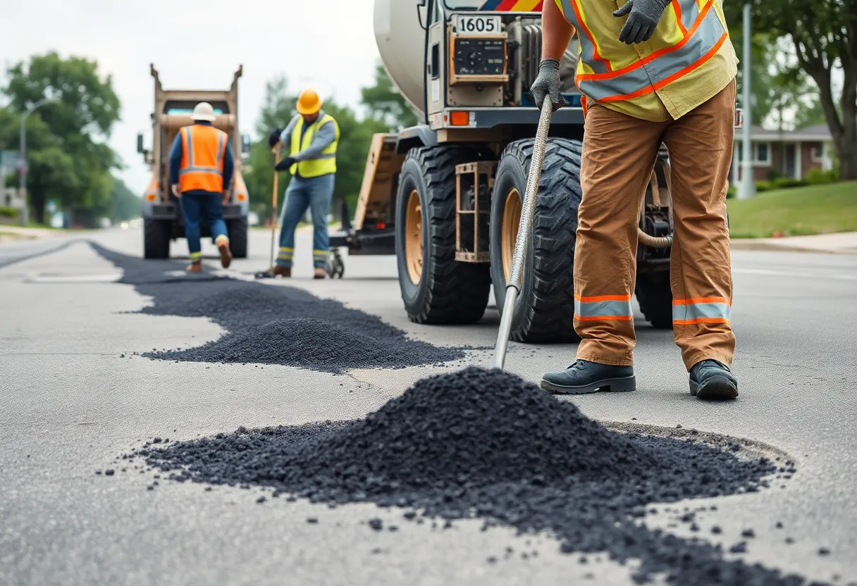 Indianapolis road crew repairing potholes with asphalt mix.