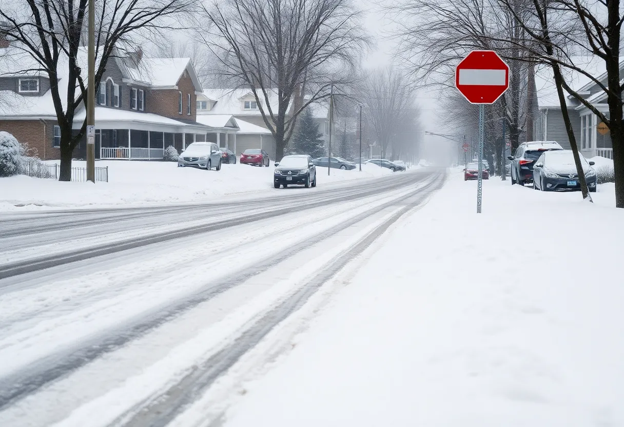 Snow-covered residential street in Indianapolis after a winter storm