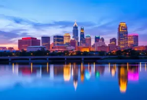 Skyline of Indianapolis showcasing notable buildings and community spaces.