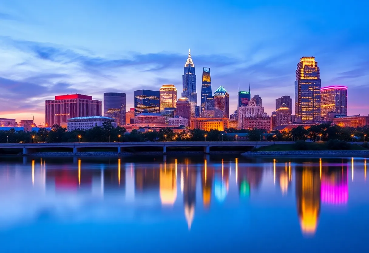 Skyline of Indianapolis showcasing notable buildings and community spaces.