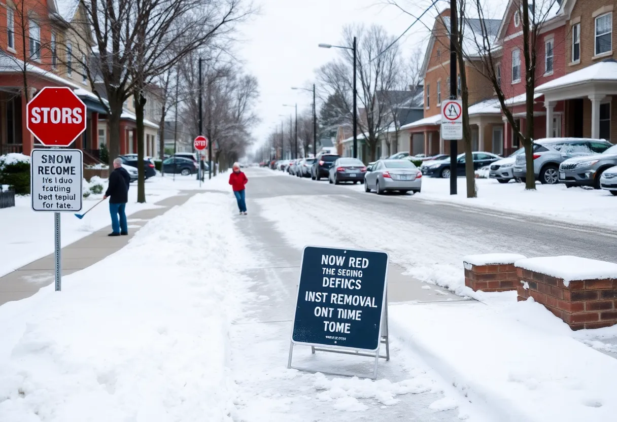 Snow-covered residential street in Indianapolis with residents managing snow removal.