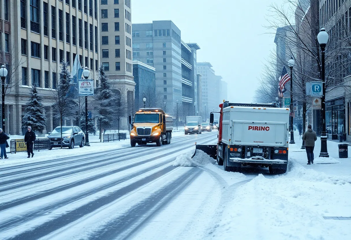 Snow removal equipment clearing a snow-covered street in Indianapolis.