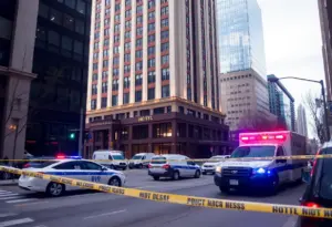 Emergency vehicles and police tape at the scene of a stabbing incident in Indianapolis.