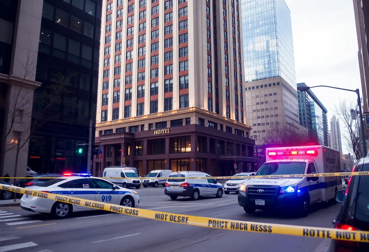 Emergency vehicles and police tape at the scene of a stabbing incident in Indianapolis.