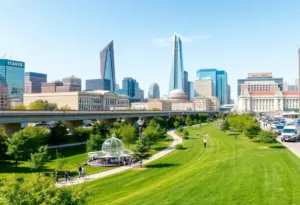 A scenic view of Indianapolis featuring urban infrastructure and trails