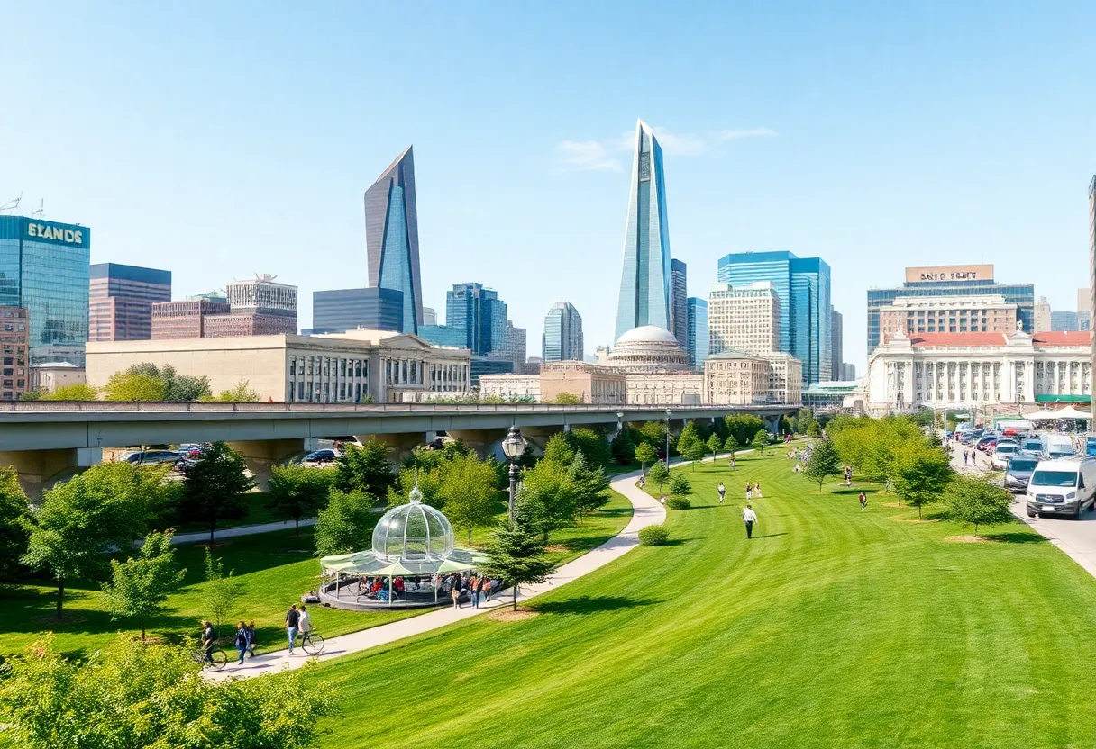 A scenic view of Indianapolis featuring urban infrastructure and trails