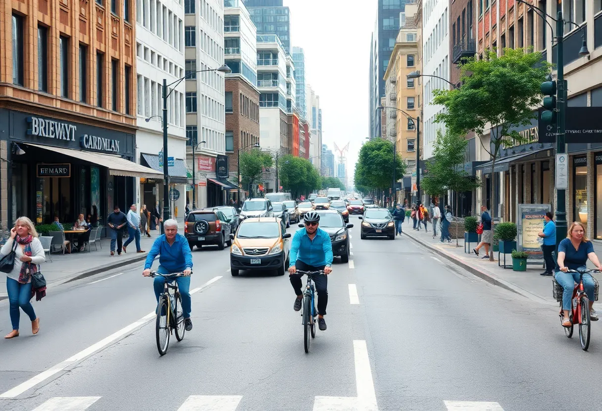 Downtown Indianapolis with two-way traffic and pedestrians