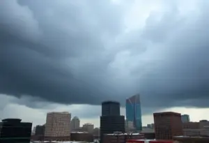 View of Indianapolis changing weather from rain to snow