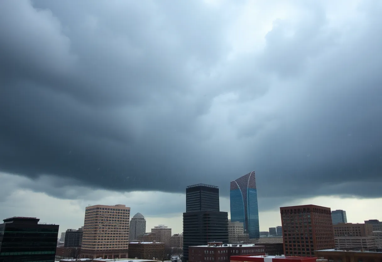 View of Indianapolis changing weather from rain to snow