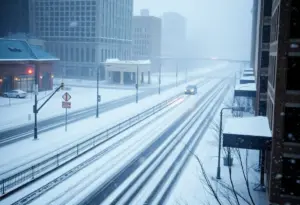 Snow-covered street in Indianapolis during a winter storm