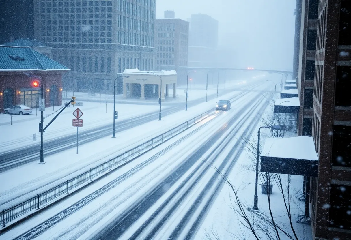 Snow-covered street in Indianapolis during a winter storm