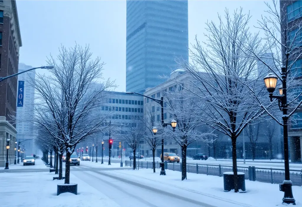 Winter weather advisory in Indianapolis with light snowfall.