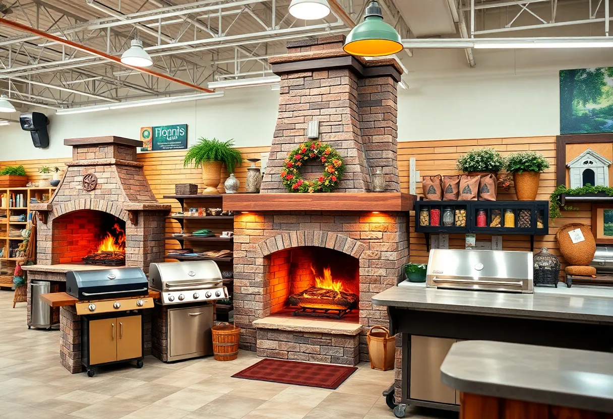 Godby Hearth & Home display of fireplaces and outdoor kitchens.