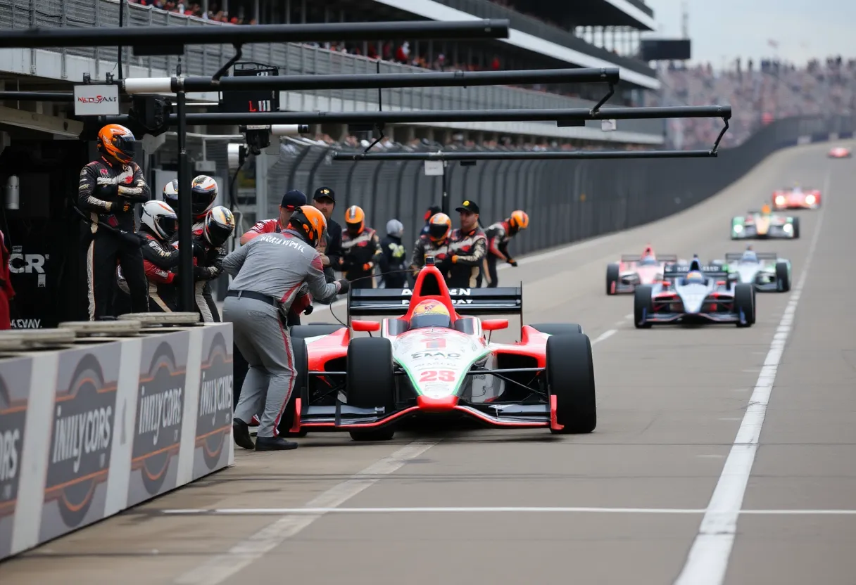 IndyCar race with team members working in the pit
