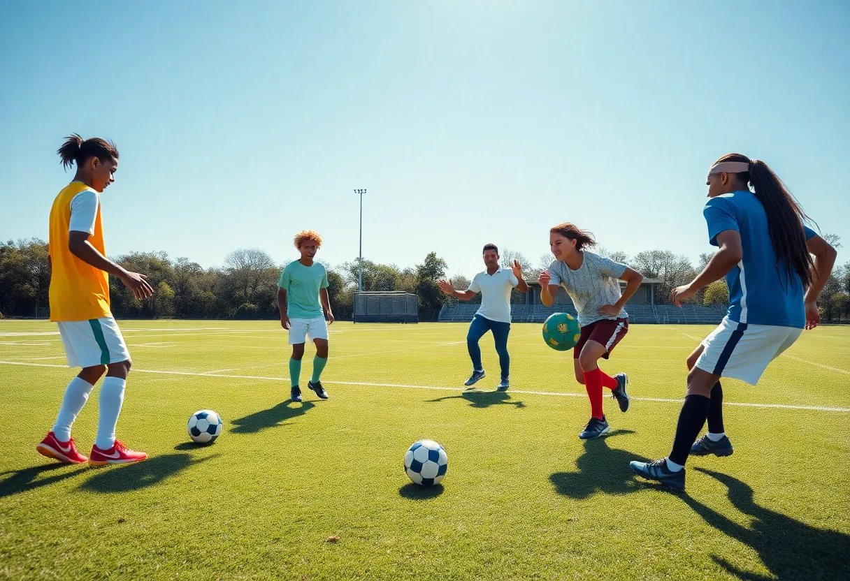 Football players practicing with a female coach during a football training session.