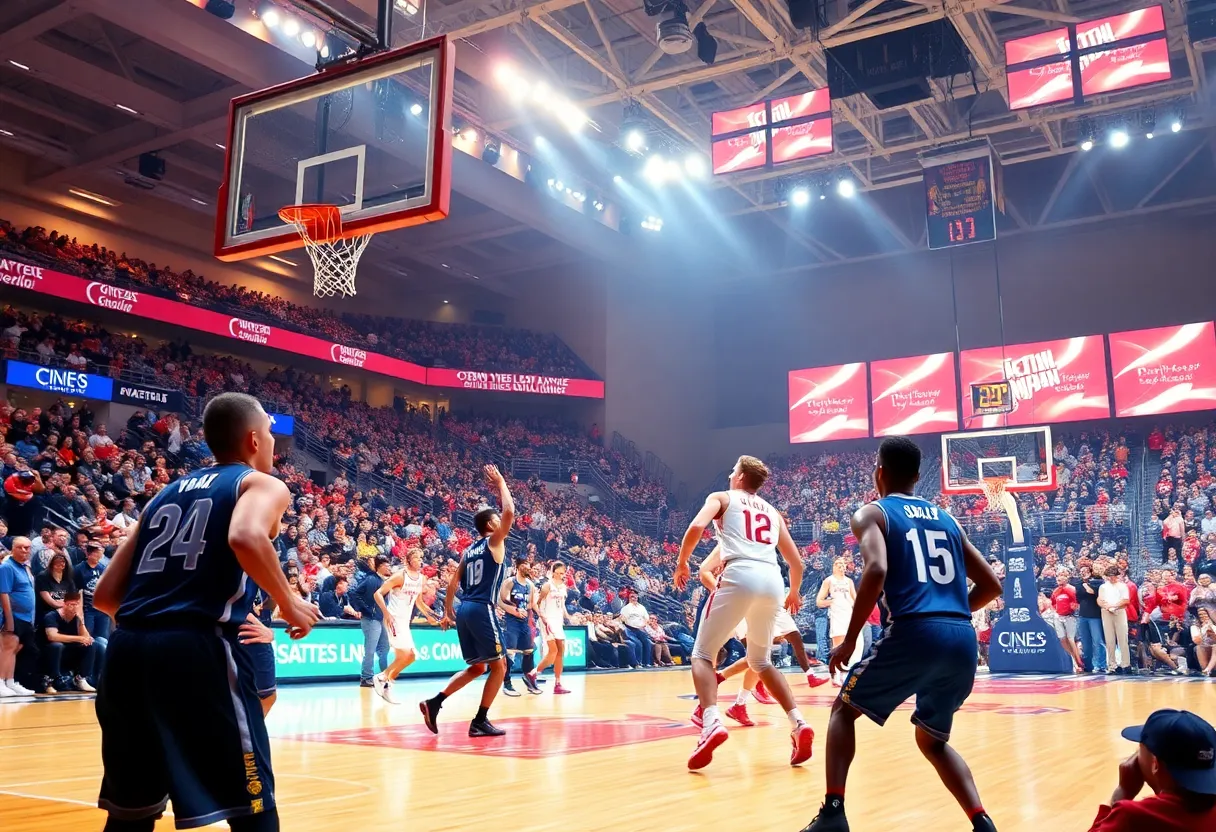IU Indianapolis Jaguars playing against Robert Morris Colonials in a basketball game