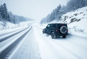 Snow-covered I-196 with a Jeep off the road in a ravine