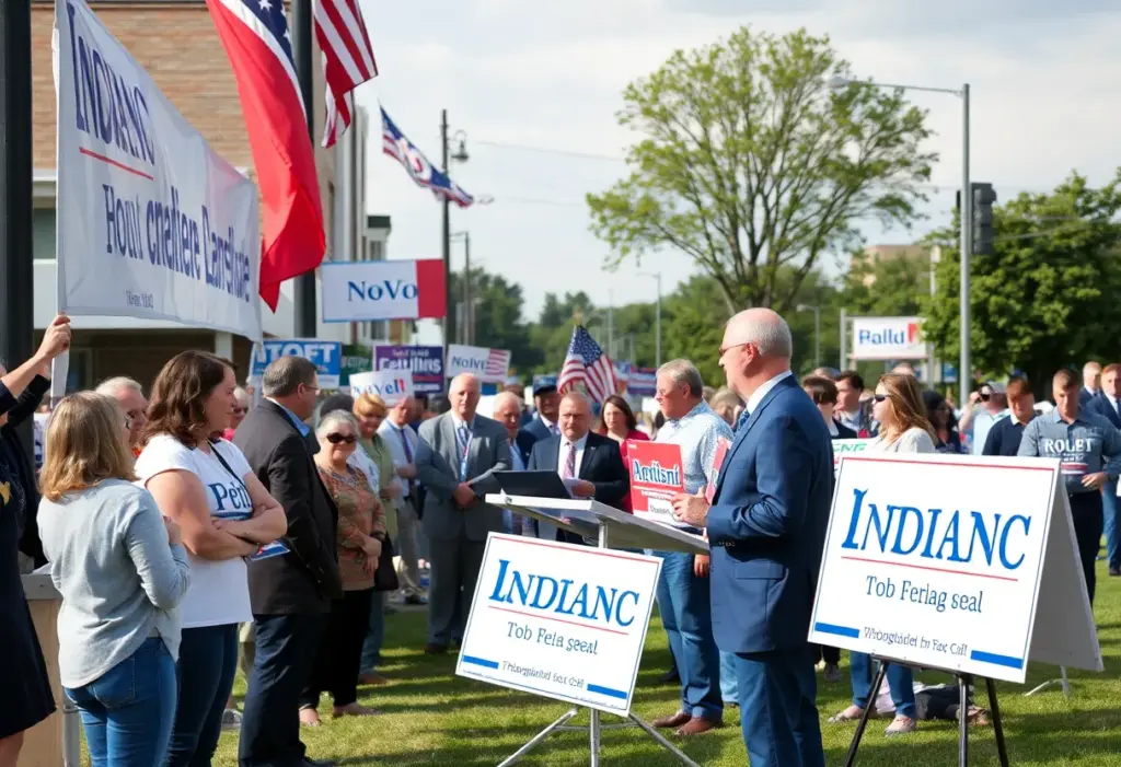Scene of a political campaign in Indiana with candidates and community members.