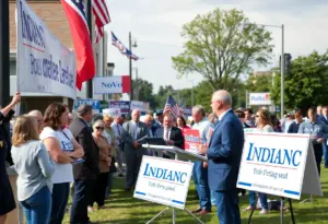 Scene of a political campaign in Indiana with candidates and community members.