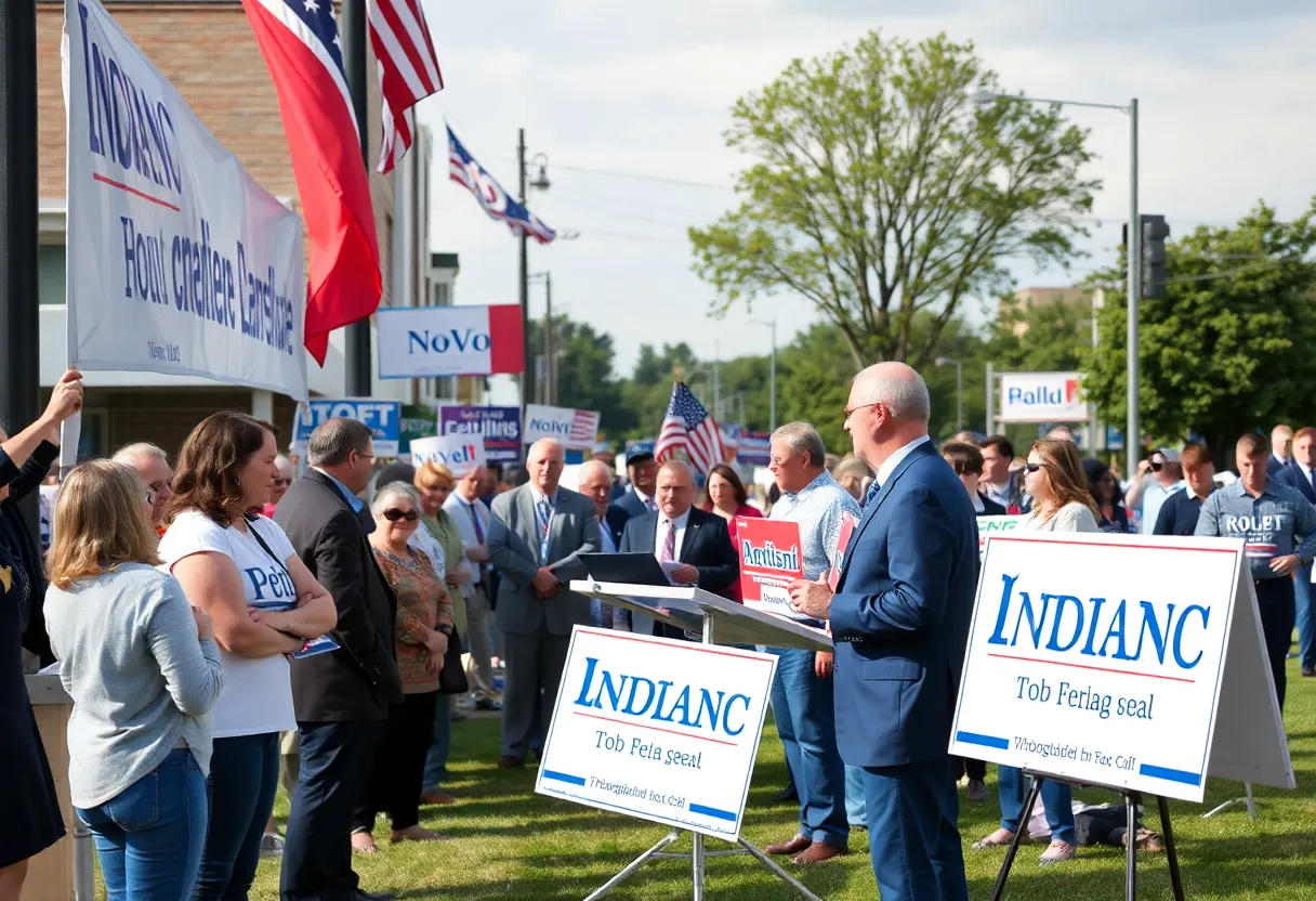 Scene of a political campaign in Indiana with candidates and community members.