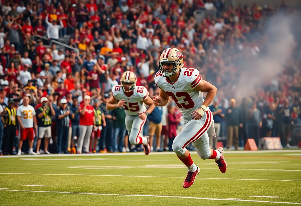 George Kittle running on the field with fans in support