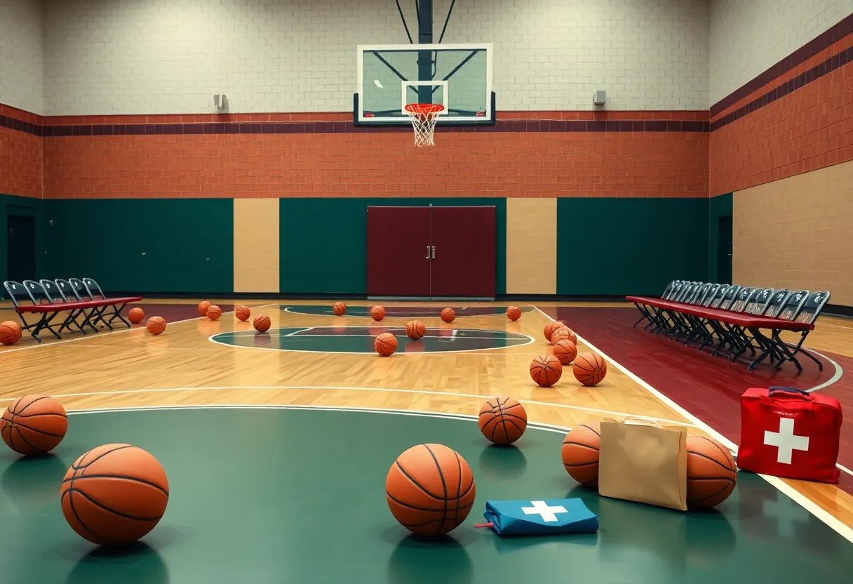 An empty basketball bench on a court symbolizing absence due to injury