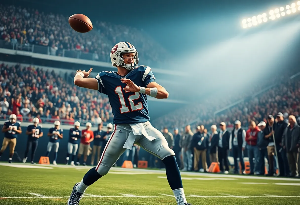 Quarterback preparing to throw a pass on the football field with fans cheering in the background.
