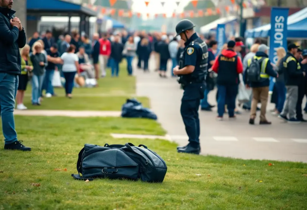 Officers examining a backpack in a busy public area during an NBA Finals event