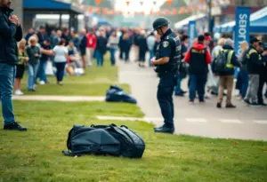 Officers examining a backpack in a busy public area during an NBA Finals event