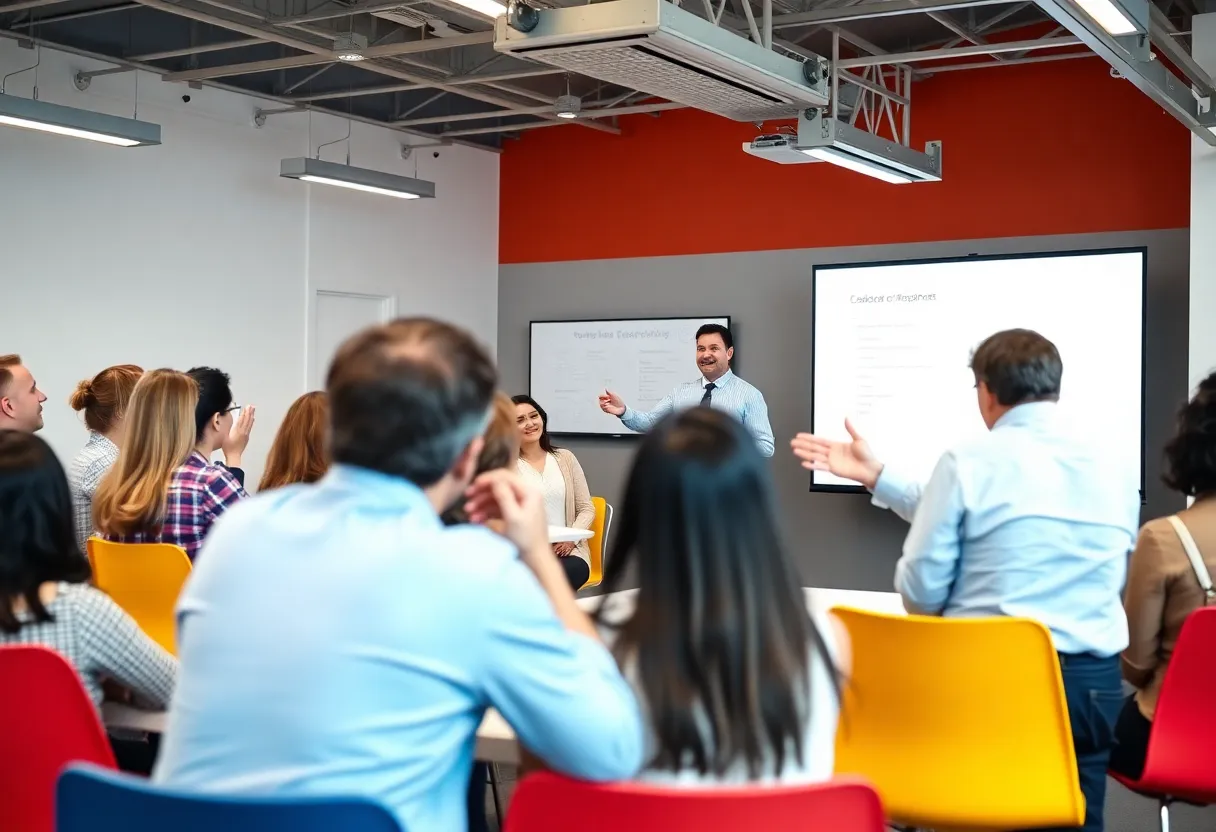 Participants engaged in a leadership training workshop