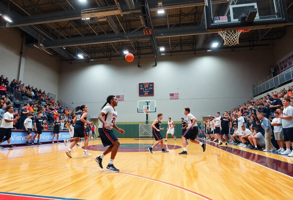 High school basketball game showing players in action