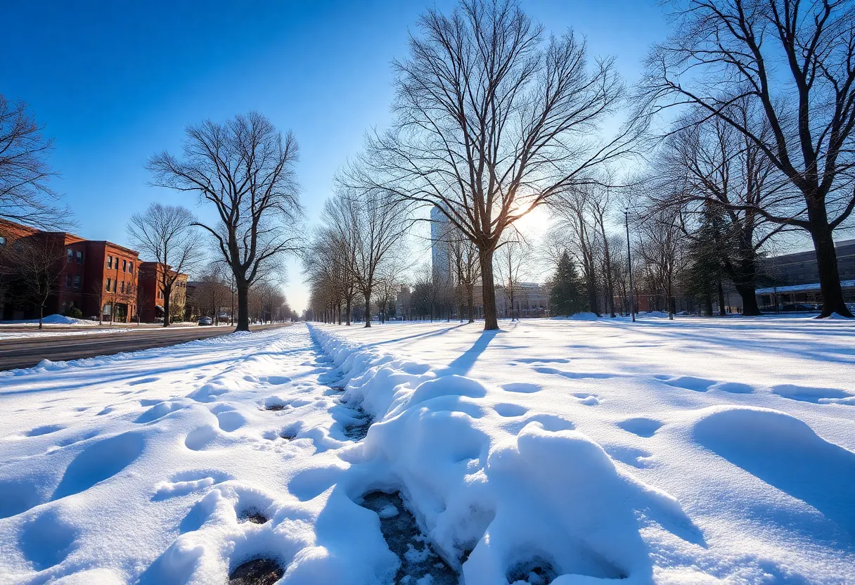 Scene of melting snow in Indianapolis with sunlight
