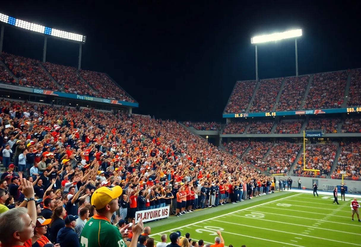 Fans cheering for the Miami Hurricanes during a playoff game