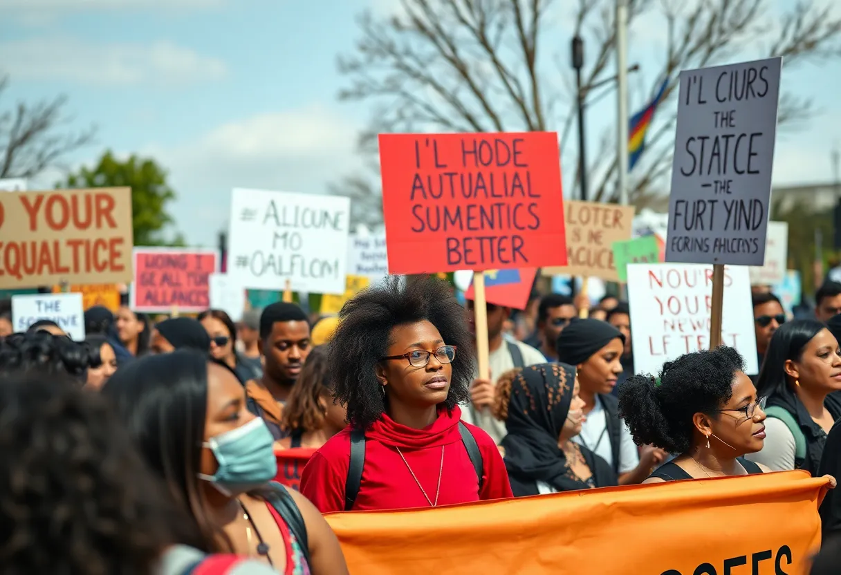 Community members participating in MLK Day activism, holding signs promoting equality.