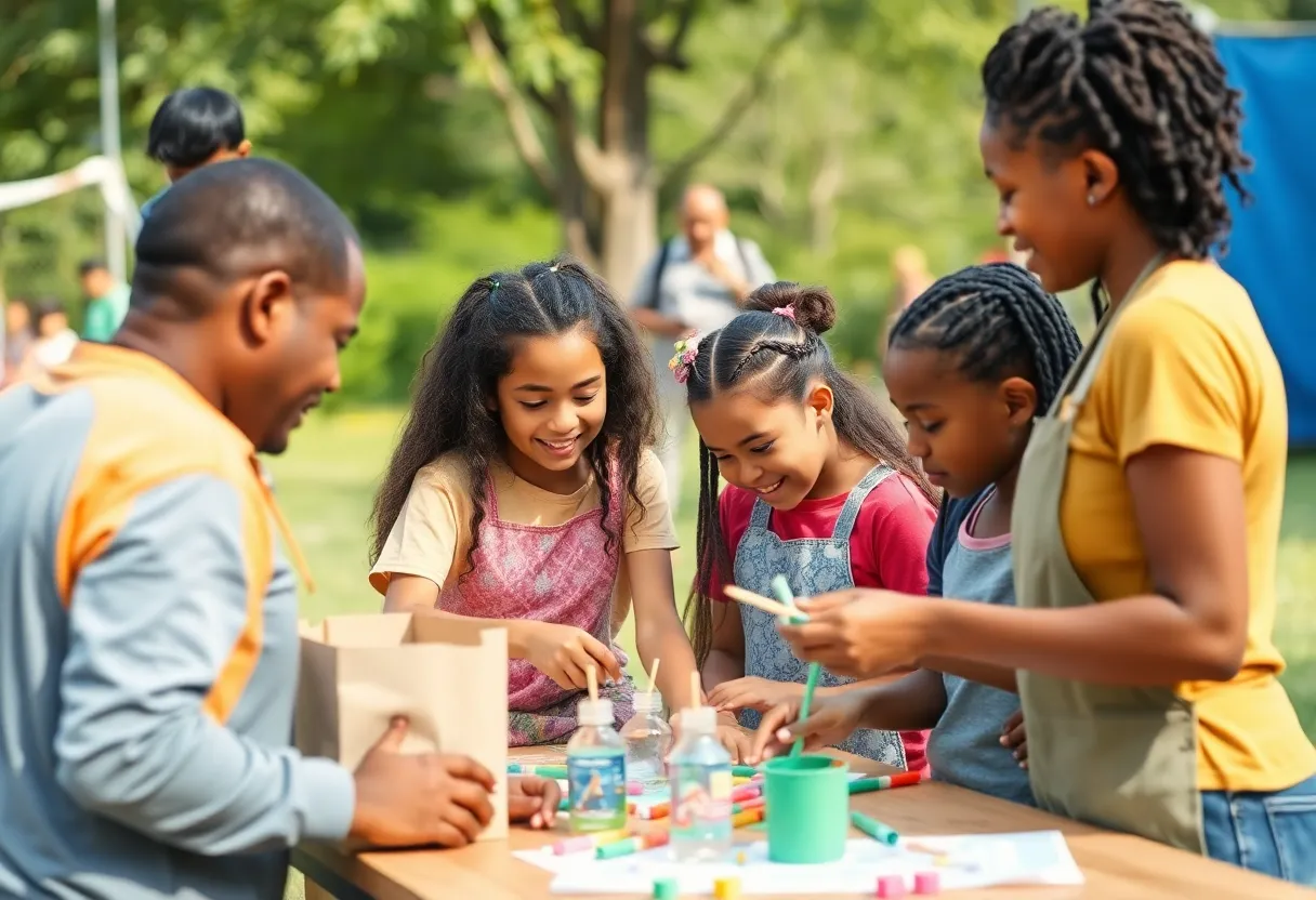 Families participating in the MLK Day of Youth Service, engaging in various community projects.