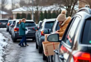 Community members receiving food assistance during a winter mobile food distribution.