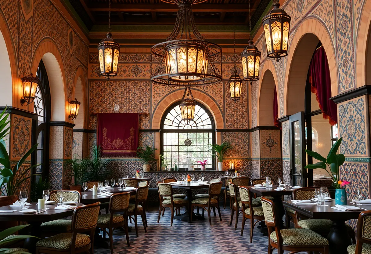 Interior of a Moroccan restaurant with traditional decorations