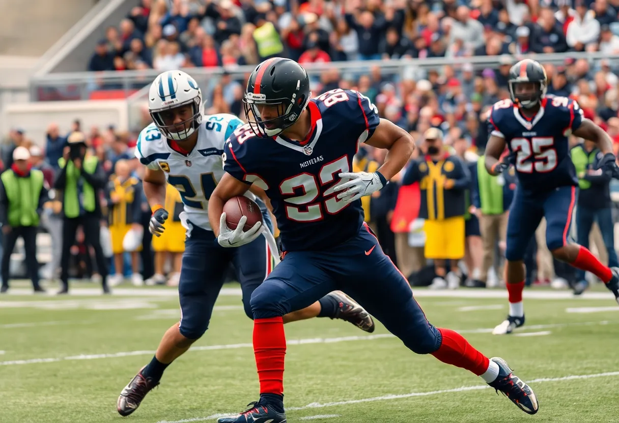 Defensive player making a crucial play during a football game