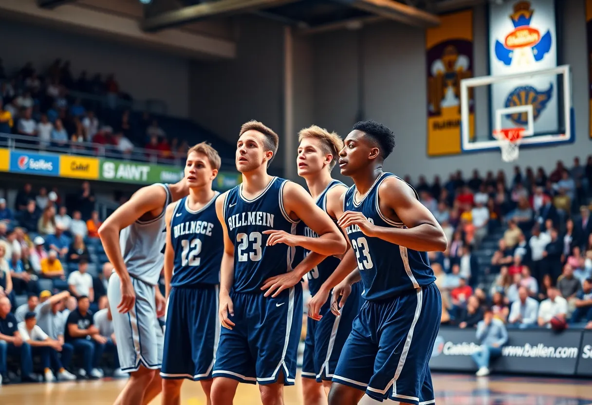 NC State Wolfpack basketball team playing during a game with fans in the background.