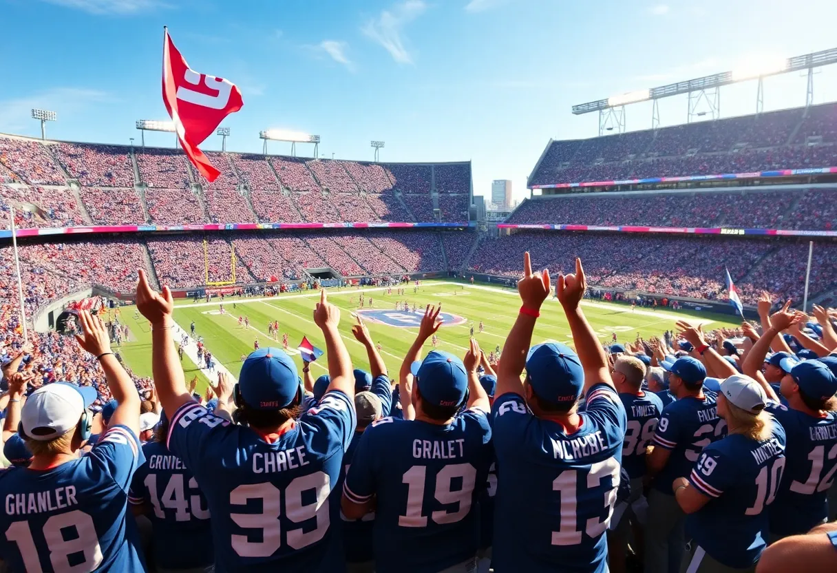 Fans celebrating at a New York Giants game