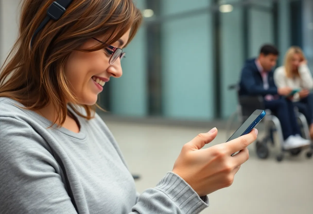 A person interacting with an accessibility app for blind users.