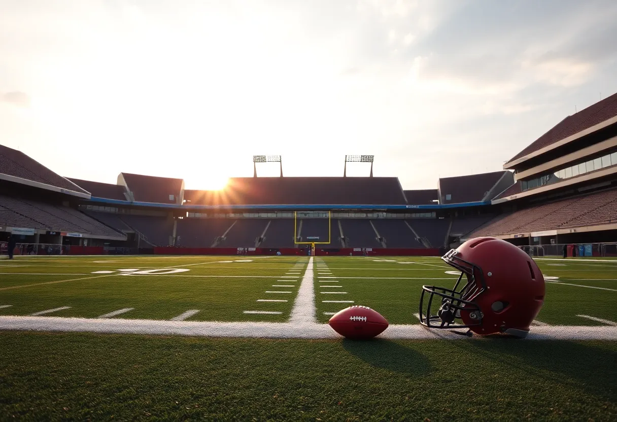 Empty NFL football field with safety gear